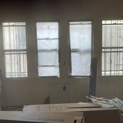 Interior windows and construction materials during a building renovation